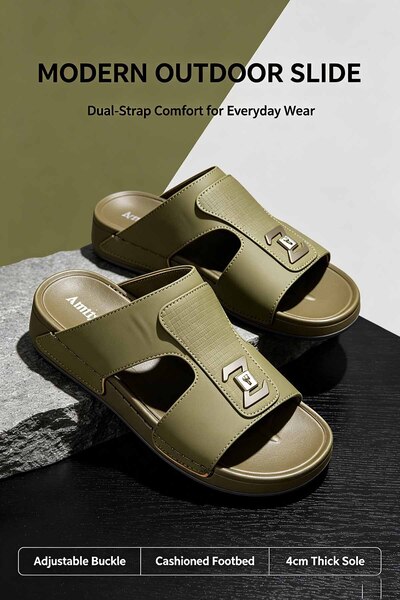 Najd Trend Mall Men's Premium Leather Slide Sandals Wide Bed Arch Support Sho...