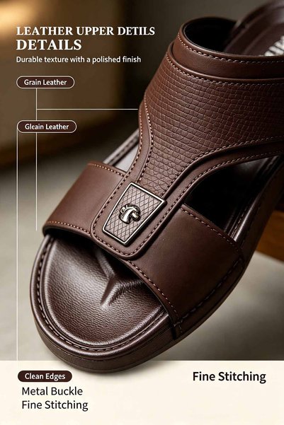 Alnoor Global Store صنادل رجالية خفيفة الوزن بحزامين، جزء علوي من الجلد، نعل مبطن، نعل مرن مانع للانزلاق، تصميم بسيط وخفيف، شباشب صيفية عصرية