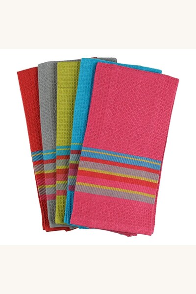 Comerivo Set 5 prosoape bucatarie cu dungi colorate, 58x39cm, albastru verde ...