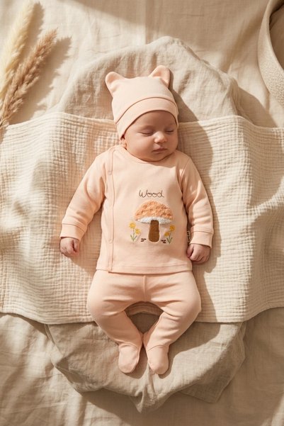 Babycan Mila Forest 100% Cotton 3-Piece Baby Set - Salmon Mushroom Embroidere...