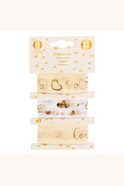 Comerivo Set 3 panglici cu inimi din folie, aurii și albe, 3 modele, 1 m x 25 mm
