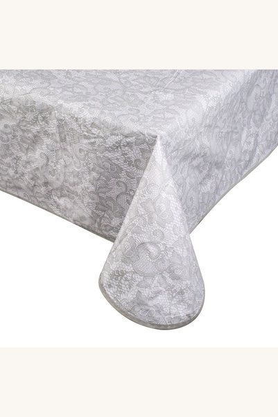 Comerivo Fata de masa alba cu dantela gri, plastifiata, 180x140 cm