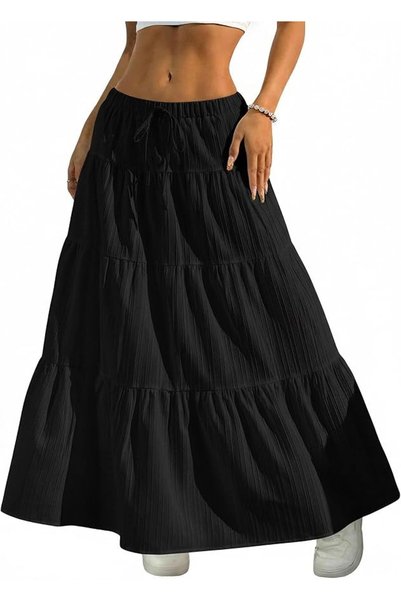 GENERAL DERAX Women's Boho Flowy White Maxi Skirt Ruffle Elastic Waist Long S...