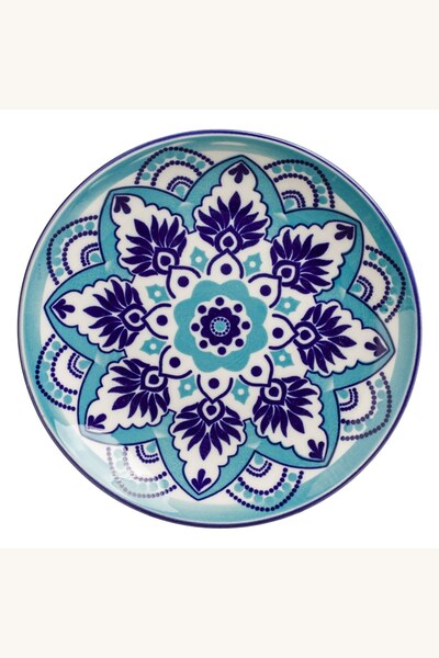 Comerivo Farfurie de desert portelan alb cu ornament tribal turcoaz 15cm