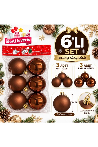 BKMC PARTY 6’lı Lacivert Kahve Gümüş Yılbaşı Ağacı Süsü 5 cm – 3 Mat 3 Parlak...