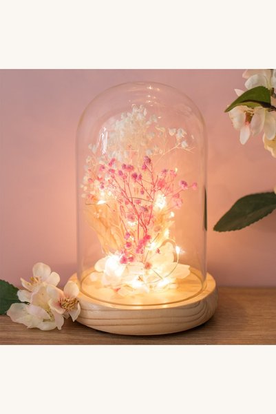 Comerivo Cupola decorativa din sticla cu flori roz si albe, iluminare LED, 12...