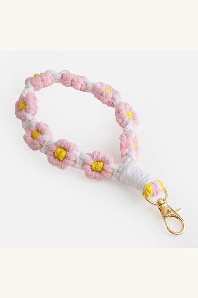 Comerivo Accesoriu pentru chei si geanta, breloc macrame cu flori roz si alb,...