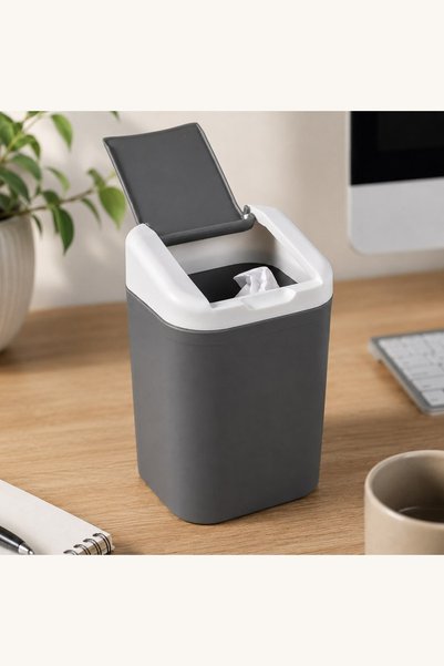 Comerivo Tomberon de Birou Gri cu Capac Alb 11,5x11x18cm - 1,5L