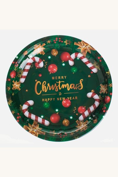 Comerivo Platou metalic rotund verde Craciun cu ornamente si mesaj festiv 26cm