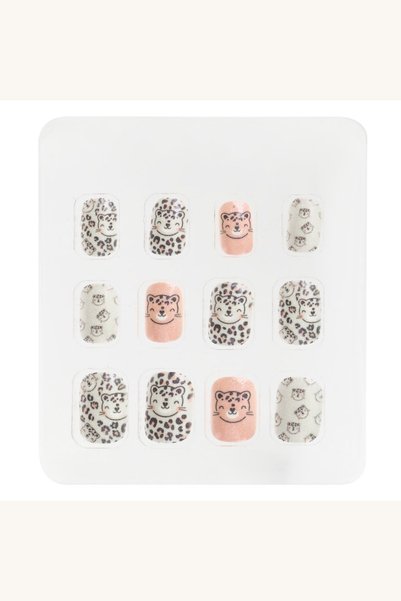 Comerivo Set 12 unghii false pentru fetite, albe-roz cu glitter si imprimeu p...