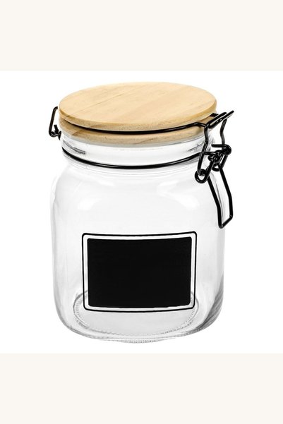 Comerivo Borcan de sticlă 1L cu capac din lemn cu siguranță și etichetă pentr...