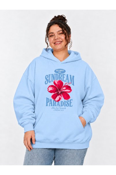 HAI COLLECTİON Unisex Blue Oversize 3 Thread Raster Thick Hooded Sweatshirt