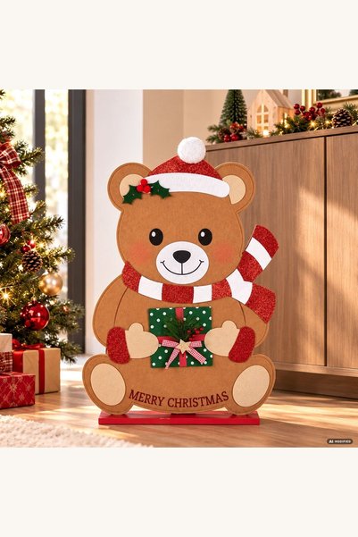 Comerivo Figurină decorativă de Crăciun, ursuleț din fetru cu fular cu glitte...