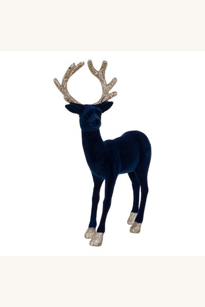 Comerivo Ren decorativ catifelat albastru cu glitter, figurina de Craciun 33cm