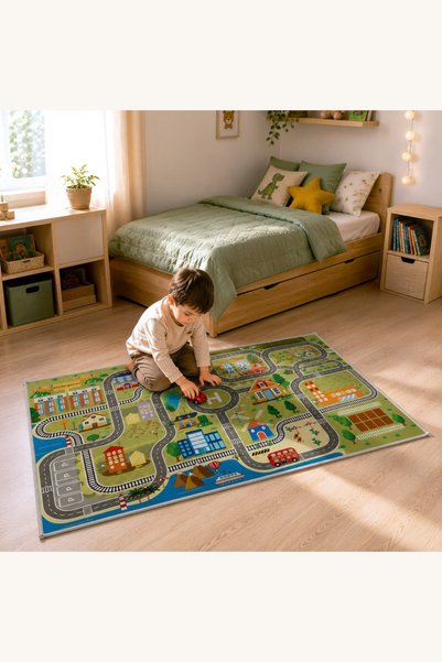 Comerivo Covor Copii Oras cu Drumuri 150x100cm, Verde, Baza Antiderapanta