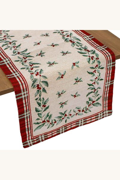 Comerivo Runner decorativ pentru masa de Craciun cu vasc brodat bej rosu 150x...