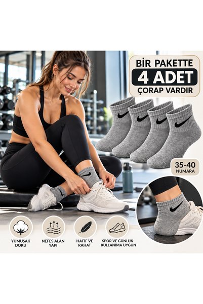 Gri Kadın Spor Çorabı 4'lü Paket 35-40 Numara Günlük ve Fitness Çorabı