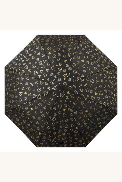 Comerivo Umbrela compacta negru cu inimioare aurii si maner ergonomic, 27cm