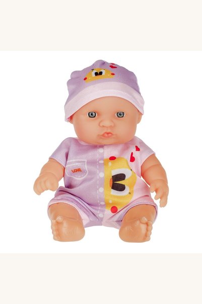Comerivo Papusa bebelus 22cm cu salopeta mov si ratusca - set complet cu palarie