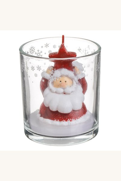 Comerivo Lumanare decorativa cu Mos Craciun si stea rosie, pahar transparent ...