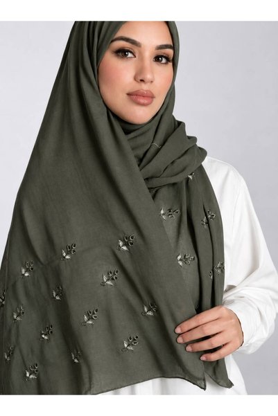 Veil Designer طرحة بوال زيتي طبقتين بتطريز علي الطرفين قماش بوال ياباني 190*60