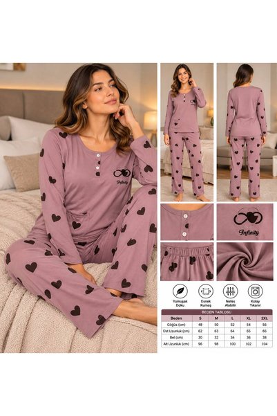 Koriwear Kadın Beli Lastikli Düğmeli Yaka Mor Rahat Pijama Takımı