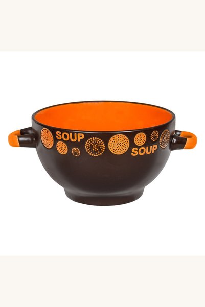 Comerivo Bol cu manere pentru supa, portelan maro portocaliu, 650ml, model dots