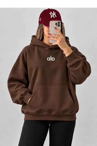 HAI COLLECTİON Unisex Brown 3 Thread Raster Hooded Oversize Sweatshirt Hoodie