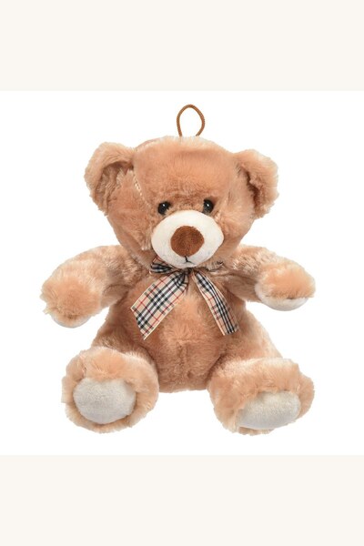 Comerivo Ursuleț de pluș maro cu fundiță în carouri, textură moale, 22 cm
