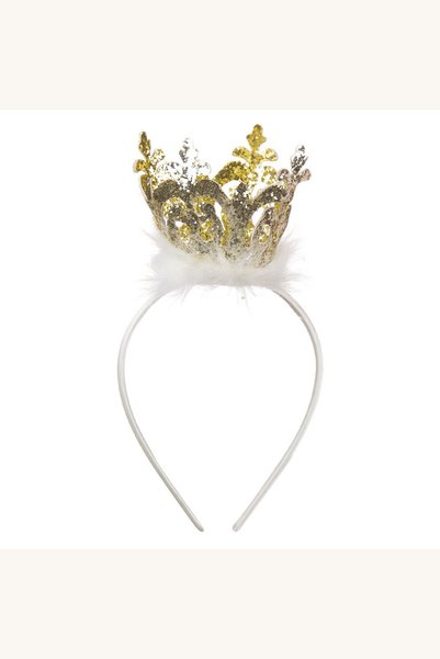 Comerivo Tiara de par cu coroana alba, glitter auriu si pene pentru fetite