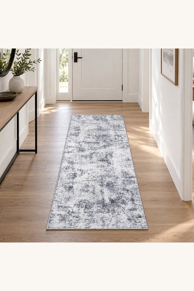 Comerivo Covoras hol chenille bej 180x60cm cu detaliu gri si baza antiderapanta