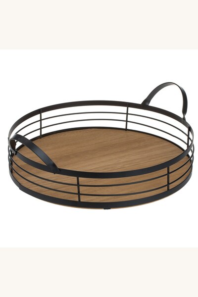 Comerivo Platou rotund de servire din lemn cu manere negre, 30cm diametru
