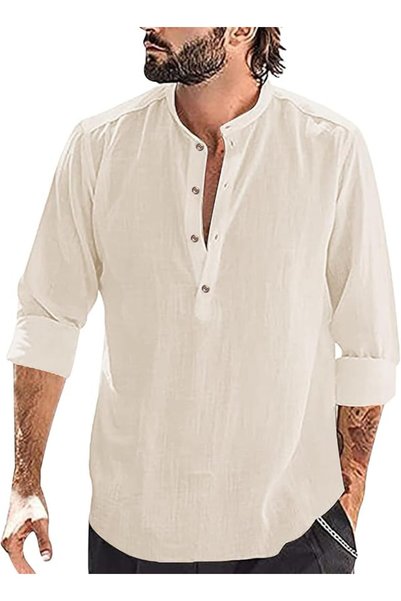 GENERAL SEAUR Men Henley Shirt Long Sleeve Shirt Stand Collar Button Down Shirt
