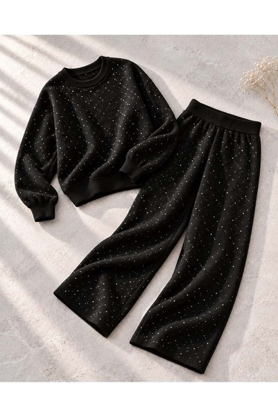 Lolliboomkids Girl's Stone - Black Color Shiny Detailed Tracksuit Set