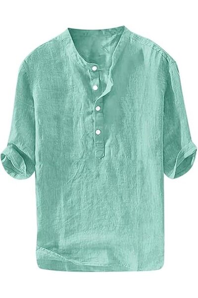 Boolygo Men's Cotton Linen 3/4 Sleeve Henley Shirt Collarless Pullover Top