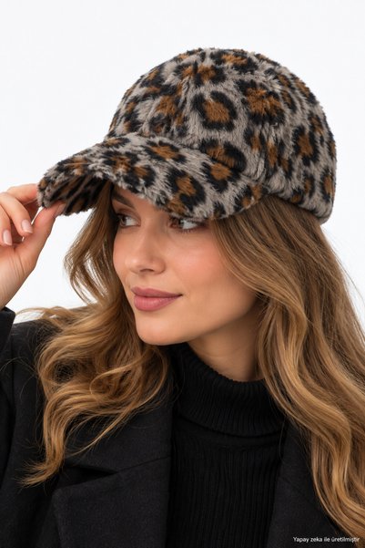 ZERAMİNE Women's Leopard Pattern Plush Cap Hat Winter Soft Furry Baseball Cap