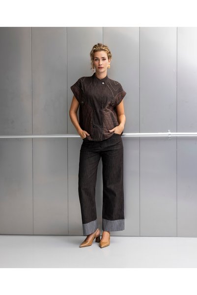 Vedi Kadın Yüksek Bel Geniş Paça Katlamalı Paça Denim Jean Pantolon-8406