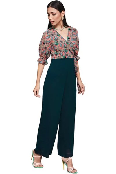 MISS OLIVE Women's Wine V-Neck Sleeveless Solid Wrap Regular Jumpsuit