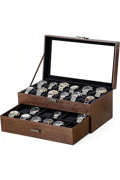 GENERAL Walnut Wood Watch Box, Watch Storage Box with Glass Top & Velvet Lini...