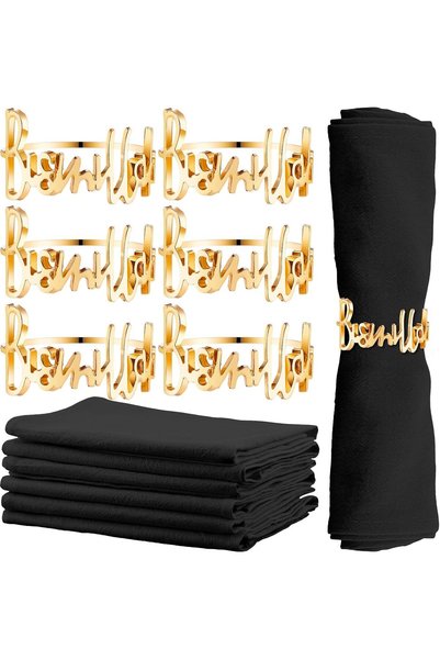 Arabest Ramadan Gold Napkin Rings with Cotton Napkins, 6-Unit, Bismillah Lett...