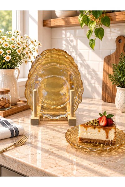 Akkoyunlu home 6 Adet Lüks Füme Cam Pasta Ve Tatlı Tabağı - Tırtıklı / Dalgal...