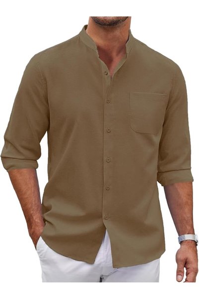 COOFANDY Men's Long Sleeve Oxford Shirt Band Collar Button Down Shirts Summer...