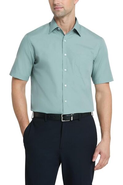 VAN HEUSEN قميص رجالي بأكمام قصيرة وقصة عادية من قماش البوبلين سادة