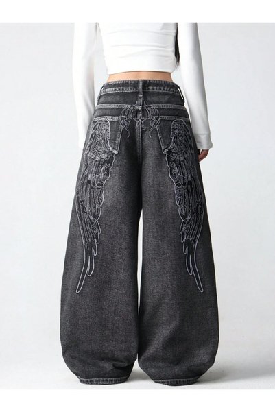 DEEFWEAR Angel Wing Embroidered Design Unisex Retro Jean Trousers