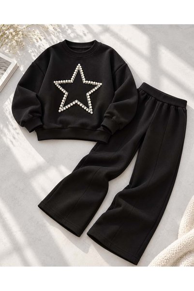 Lolliboomkids Girl's Pink Color Pearl Bow Appliqué Detail Tracksuit Set