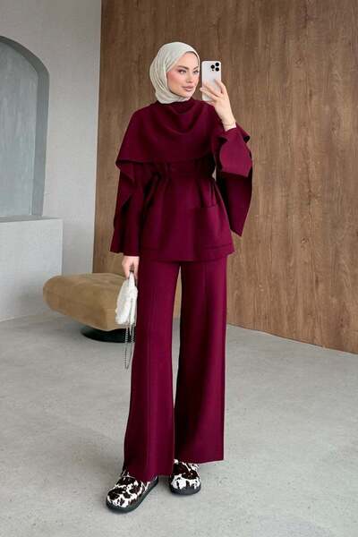Hazamoda Moens Pocketed Knitwear Set Claret Red