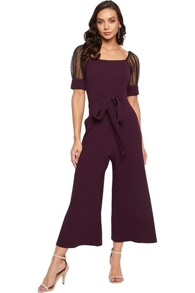 MISS OLIVE Women's Lace Overlaid Boat Neck Sleeveless Relaxed Fit Regular Jum...