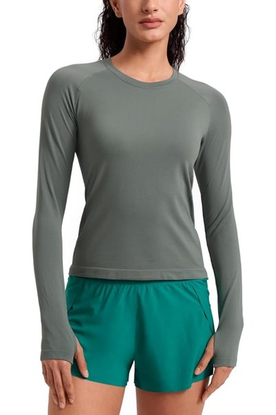 CRZ YOGA Womens Seamless Ribbed Workout Long Sleeve Shirts Quick Dry Gym Athl...
