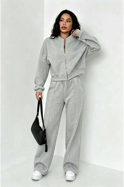 VESTIR BIEN 3-Piece Striped Unprinted Moon Collar Top Jacket and Wide-Leg Swe...