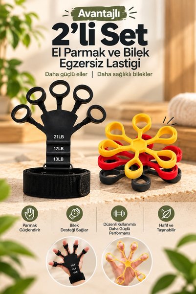 muonsports 2li Set - Ayarlı Finger ve Parmağa Geçirmeli El Parmak Bilek Güçlendirme Lastiği Fizik Tedavi Romatizma Stres Egzersiz Aleti Sıksık Sık Sık Spor